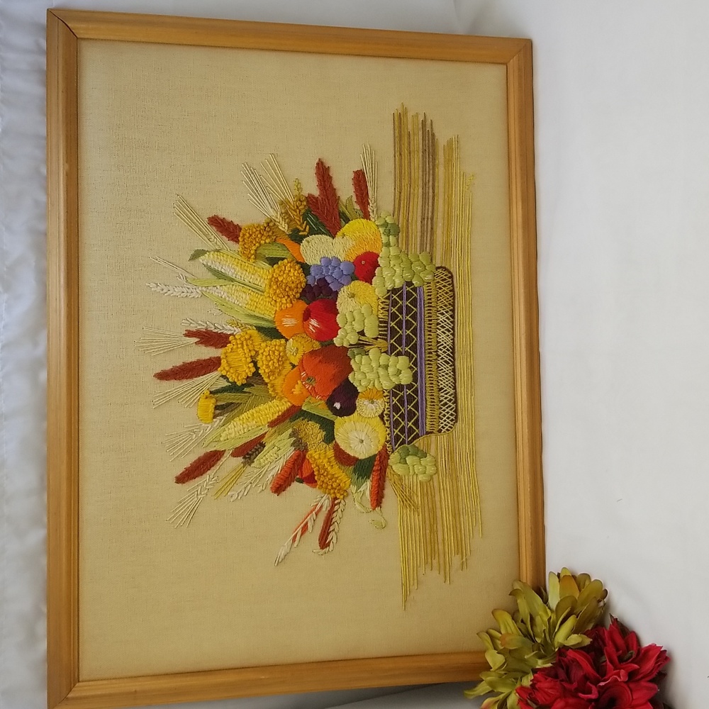 Large Vintage Crewel Embroidered Fruit Vegetable Basket Wall Hanging Pic…